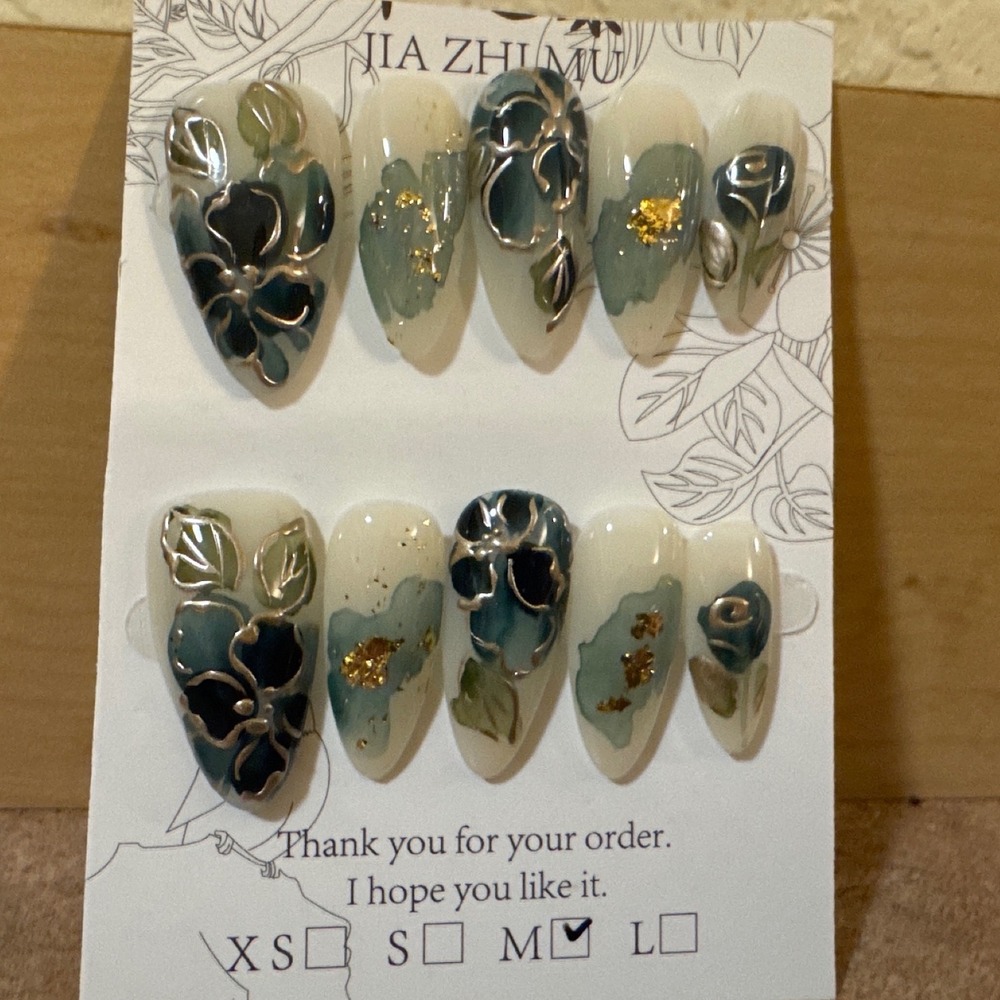 Press On Nails Medium Almond Floral Silver Metallic Gold Foil Blue White